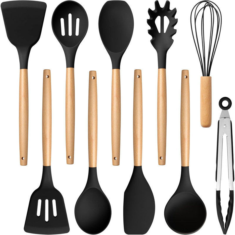 10-Piece Silicone Cooking Utensils Set With Wooden Handle, Heat Resistant Nonstick Kitchen Tools For Safe And Healthy Cooking