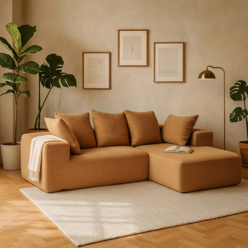 Canapé modulaire en mousse à compression complète, cinq coussins décoratifs moelleux, tissu en flanelle brune, conception en forme de L