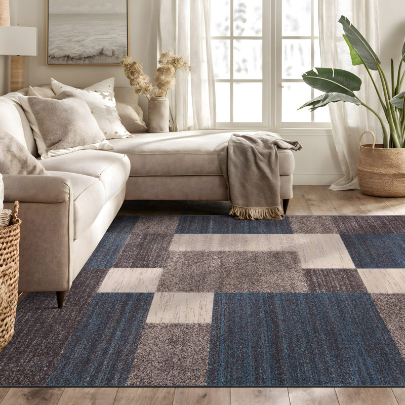 Tapis bleu touffeté à motif géométrique Allyne, Rectangle 6 pi 6 po x 9 pi