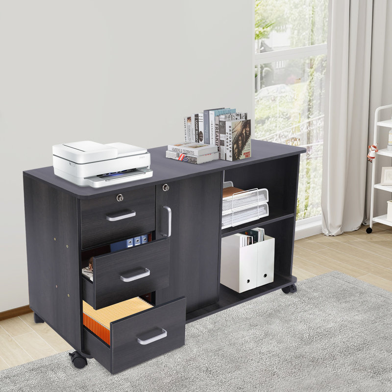 Mobile Freestanding File Cabinet For Home Office With Lock, Matte Black