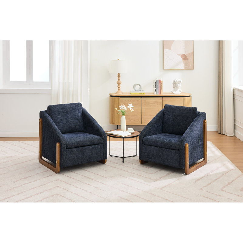 Fauteuil moderne en tissu de chenille, assise rembourrée et structure en bois - cadre de fauteuil bleu, confortable pour le salon