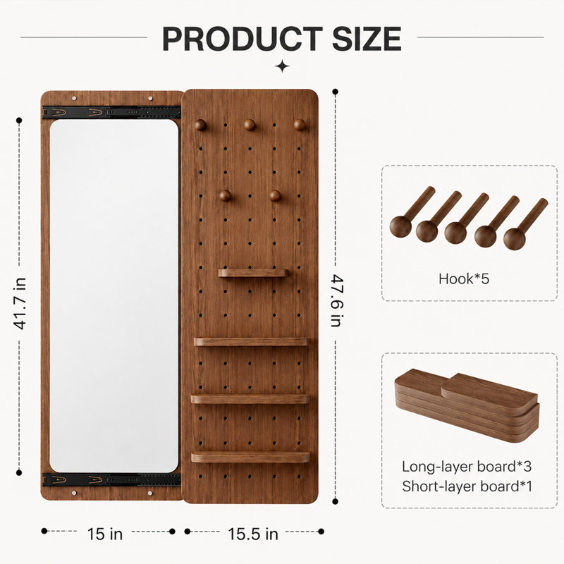  Modern Rubber Wood Wall Mounted Full Length Mirror with Sliding Panel and Adjustable Storage