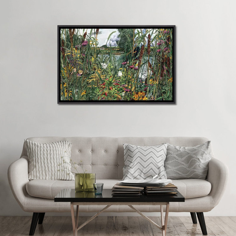 Vue d'oiseau par Maggie Vandewalle - Peinture, H 32 po x l 48 po x 1,5 po, Toile avec cadre noir patiné, Pas de tapis