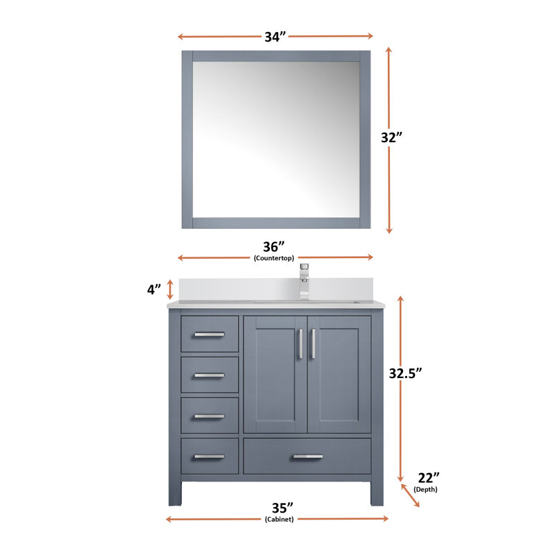 Jacques 36 in. W x 22 in. D Right Offset Bath Vanity, Faucet Set, & 34 in. Mirror, Dark Grey, White Quartz