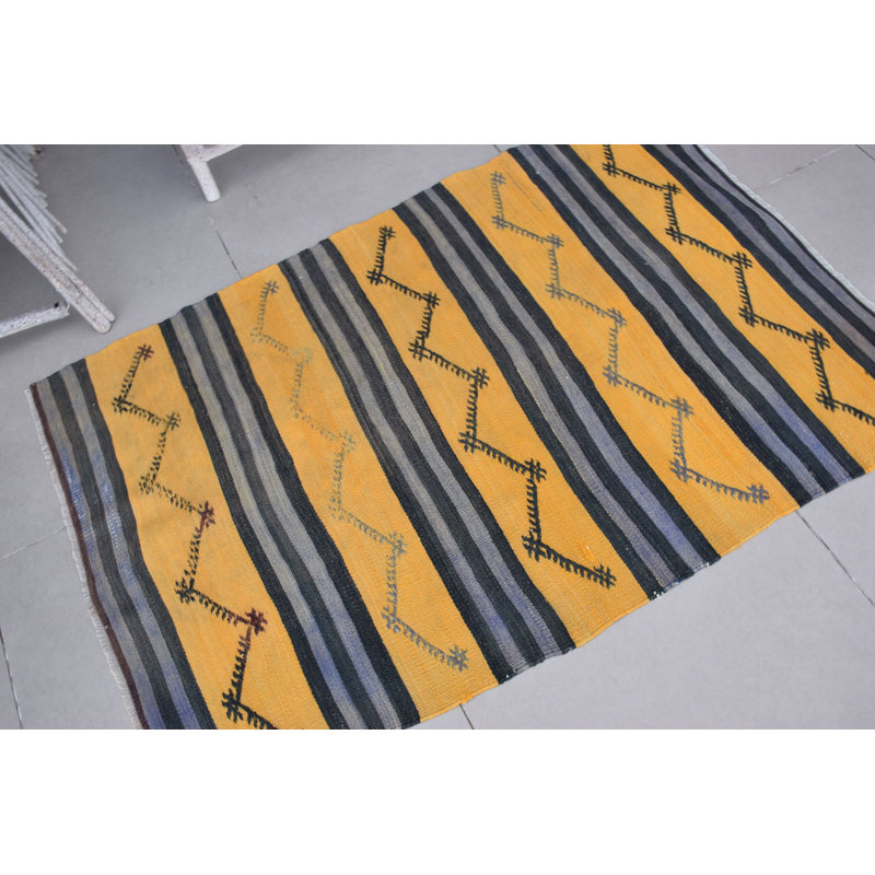 Tapis de porte kilim turc tissé à la main en zigzag jaune pour un décor de style bohémien