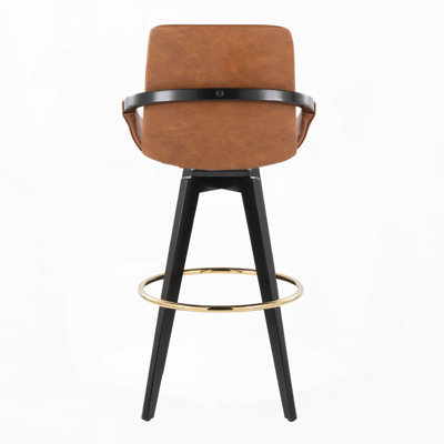 Tabouret de bar à hauteur fixe avec pivot en bois noir et similicuir brun clair avec repose-pieds rond en métal doré, ensemble de 2