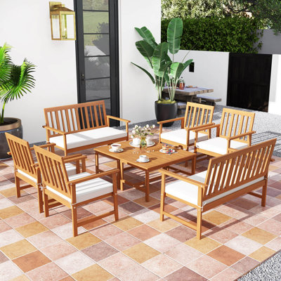 8 Pcs Acacia Wood Furniture Set 2 Coffee Tables & 4 Armchairs With Seat Cushions