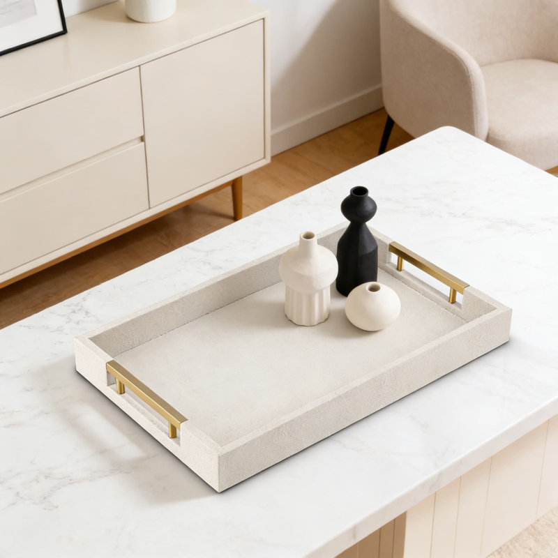 Grand plateau de service rectangulaire avec poignées dorées pour table basse ou repose-pieds, plateau décoratif en similicuir pour le salon, la chambre à coucher ou la cuisine