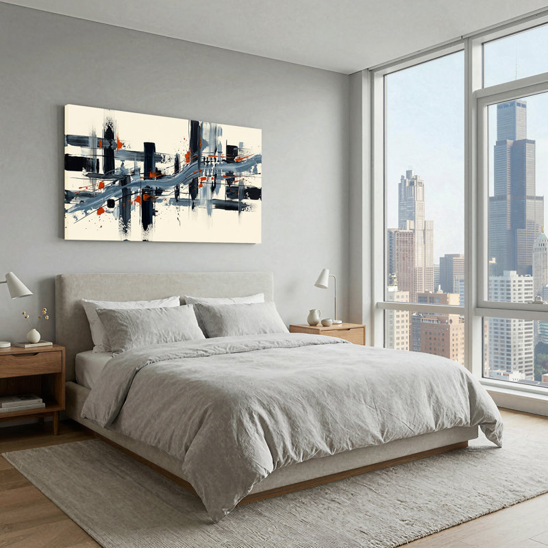 Tableau abstrait à coups de pinceau noirs, gris et orange sur toile, 32"W x 16"H
