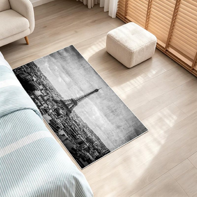 Tapis intérieur noir Tour Eiffel noir lavable à la machine, Rectangle 32 po x 47 po