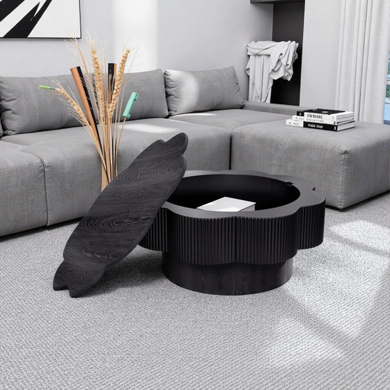 Table basse 31,5 "avec rangement Blossom - placage en bois naturel cannelé noir, pièce maîtresse du salon, Noir