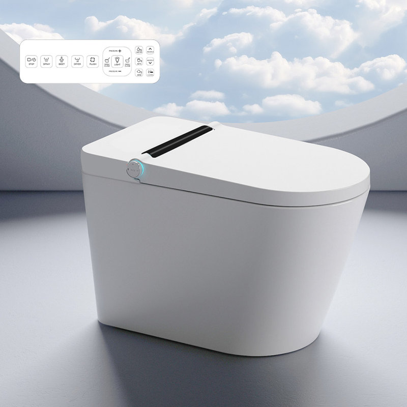 Toilette intelligente une pièce avec siège de bidet intégré, toilette électrique sans réservoir avec télécommande / siège chauffant / capteur de pied / divers réglages de lavage / contrôle de bouton / chasse automatique puissante / arrêt autom