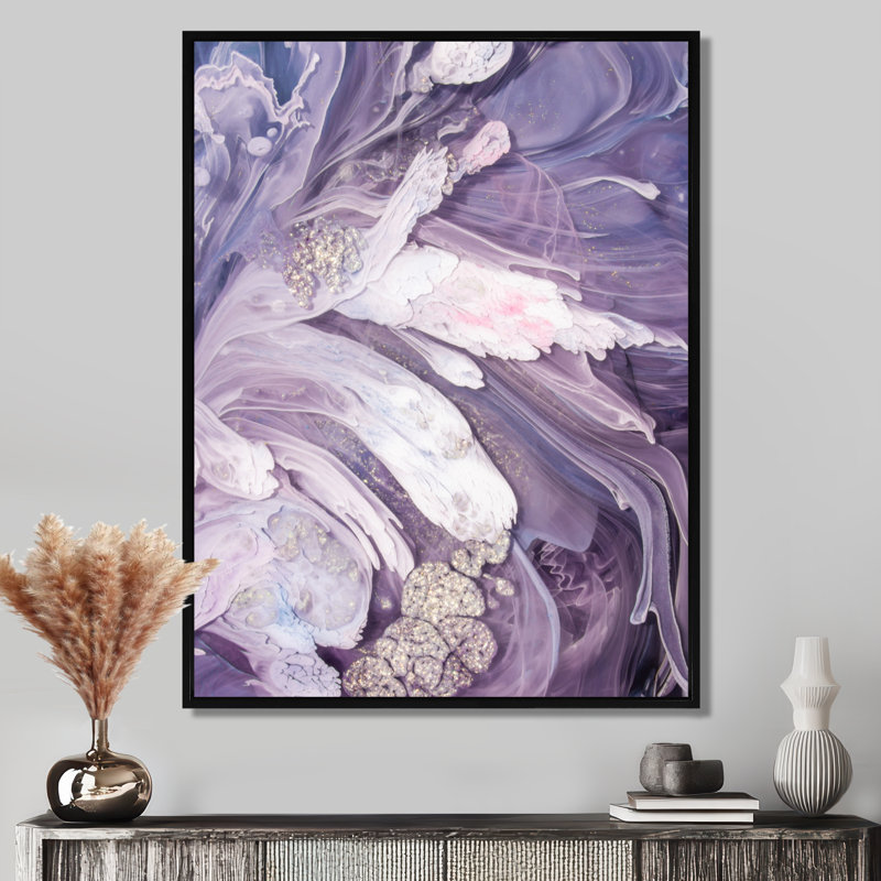 Mauve liquide Art Ripples - art mural moderne sur toile, H 32 po x l 16 po, Reproduction avec cadre flottant, Noir