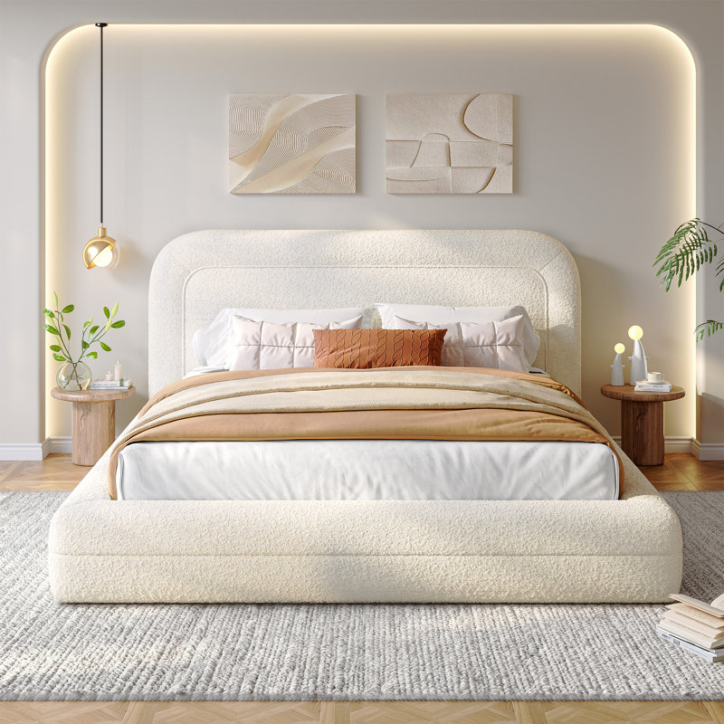 Upholstered Cloud Bed Frame with Anti-Collision Soft Rounded Corners, Sponge-Filled Boucle Bed Frame, Queen