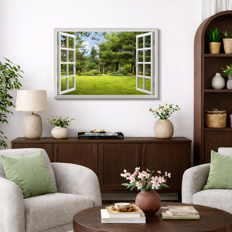 Fenêtre de paysage «Spring Green Garden Backyard Art, Serene Calm Natural Landscape Wall Images, Large Encadré, Impression Giclée Sur Toile»
