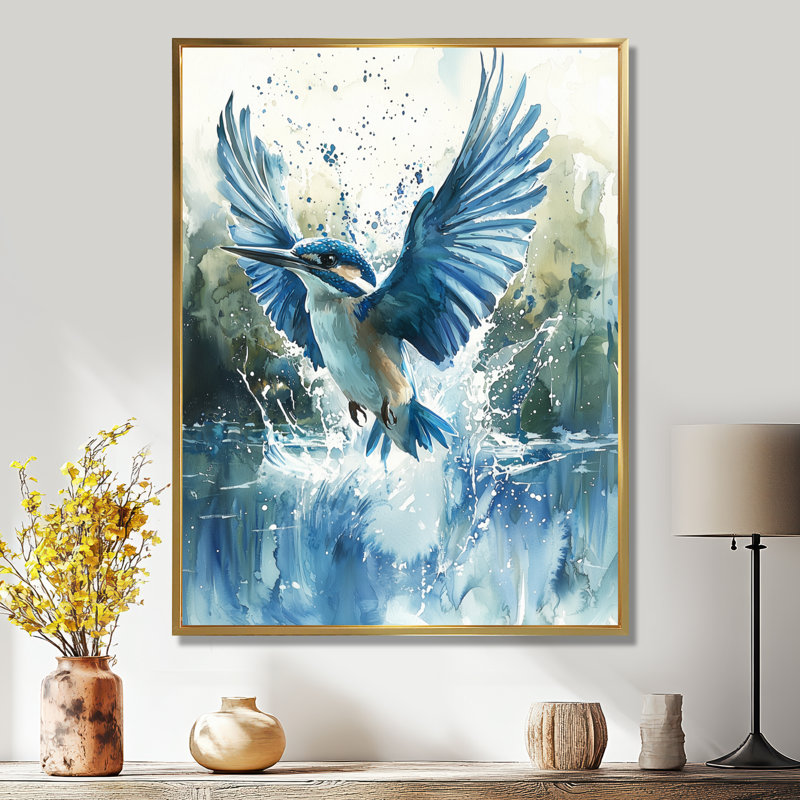 Martin-pêcheur au-dessus de l'eau I - oiseau, reproduction sur toile, H 20 po x l 12 po, Reproduction avec cadre flottant