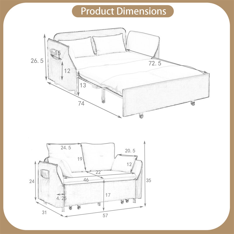57'' Velvet Sleeper Sofa, Black Velvet