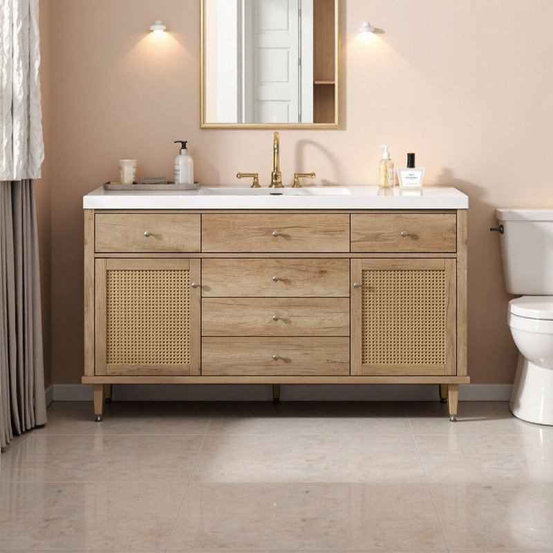 Meuble-lavabo moderne de 60 po avec lavabo pleine largeur, armoires en rotin et rangement à fermeture en douceur, Brun