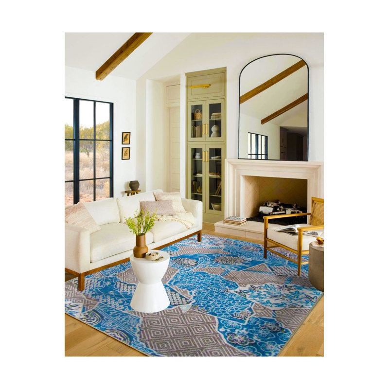 Tapis décoratif bleu en verre cassé lavable à la machine, Sous-tapis rectangulaire de 3 pi 3 po x 4 pi 11 po