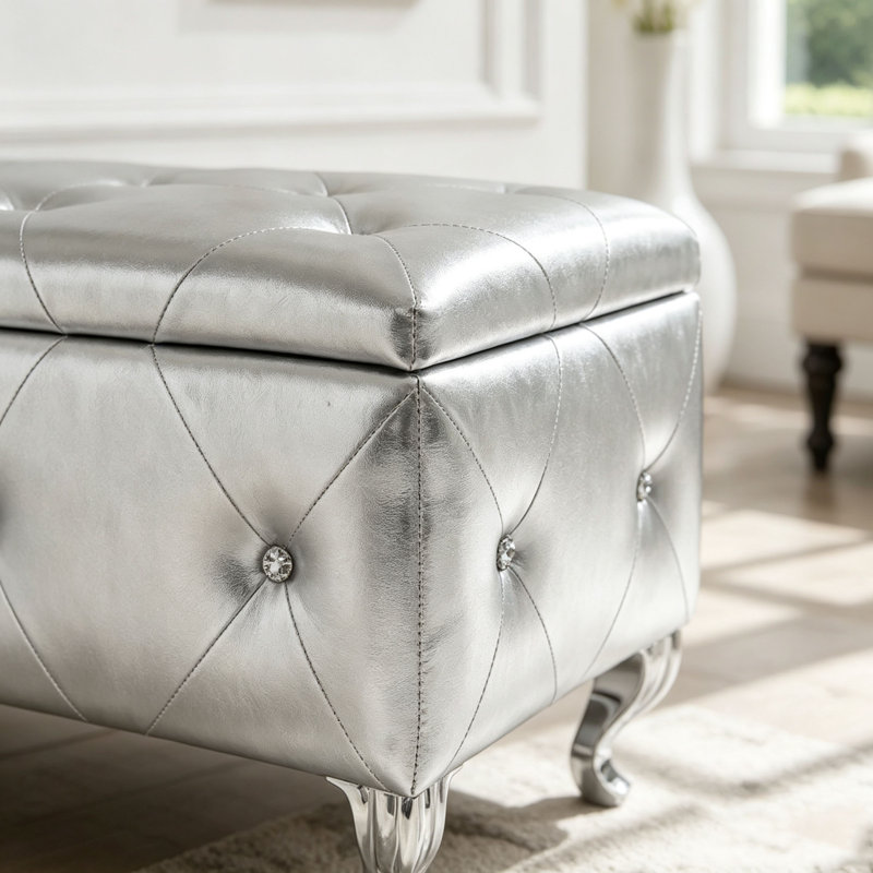 Banc de rangement avec repose-pieds en similicuir et boutons en cristal, Silver