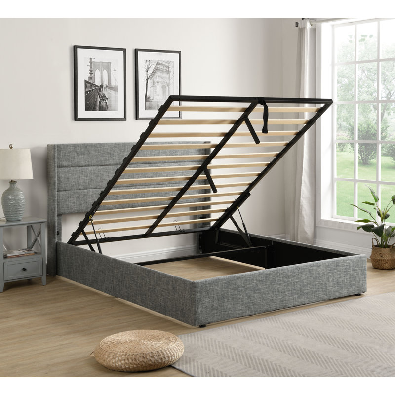 Lit plateforme tapissier avec lit de rangement relevable hydraulique, tête de lit capitonnée à oreilles, cadre de lit moderne, gris, très grand