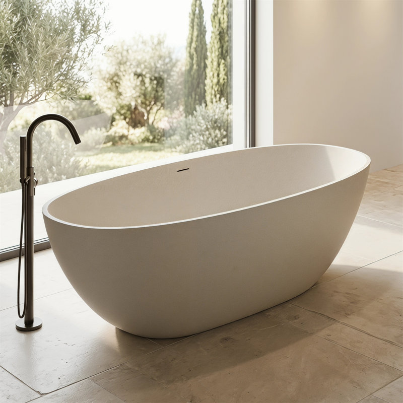 59" Freestanding Soaking Bathtub, Stone Resin, Hand-Polished Matte, Ergonomic Curved Backrest, Pop-Up Drain, Overflow, Cream