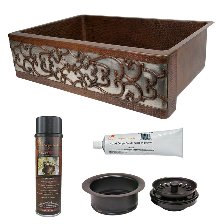 33" Hammered Copper Kitchen Apron Single Basin Sink w/ Scroll Design and Apron Front Nickel Background with Matching Drain and Accessories