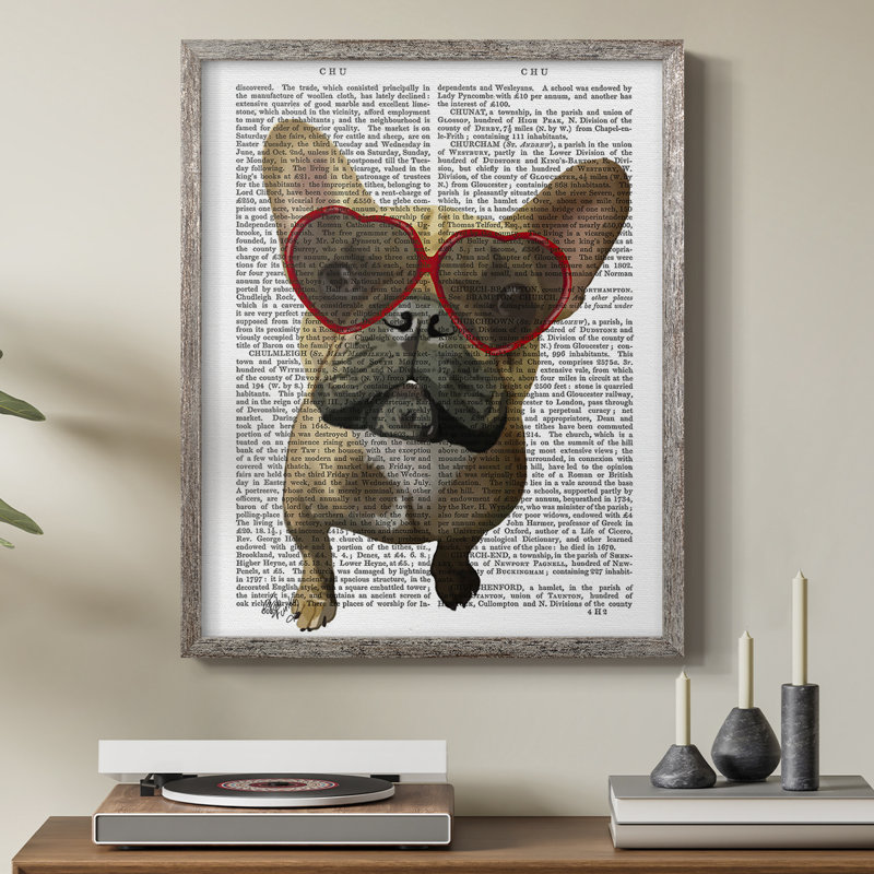 Bouledogue français et verres à cœur, reproduction encadrée - bois massif, H 11 po x l 9 po