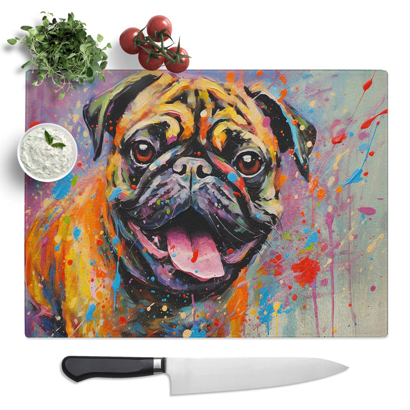 Pug Action  Glass Chopping Board