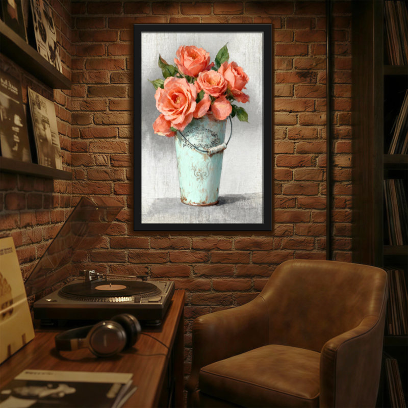Plantes et fleurs roses dans un seau rétro, reproduction d'art, H 18 po x l 12 po