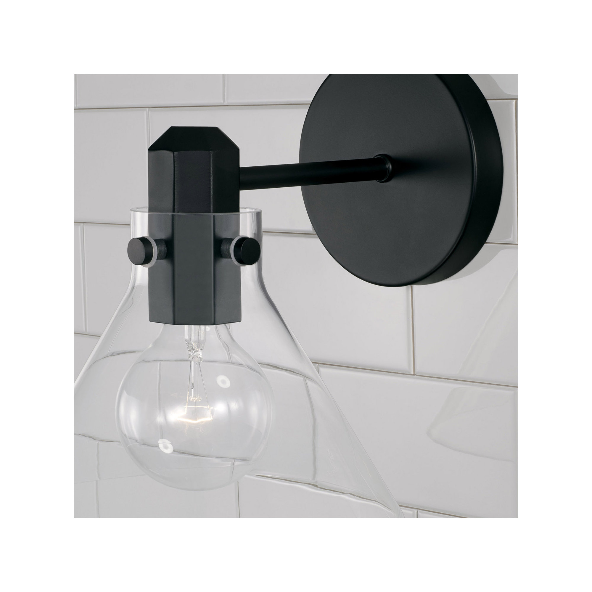 Single Light Glass Steel Dimmable Armed Sconce, Matte Black