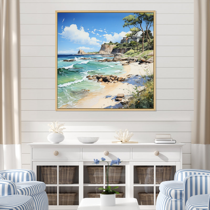 Plage contrastante pointillisme I, H 24 po x l 24 po x P 1 po, Cadre naturel flottant