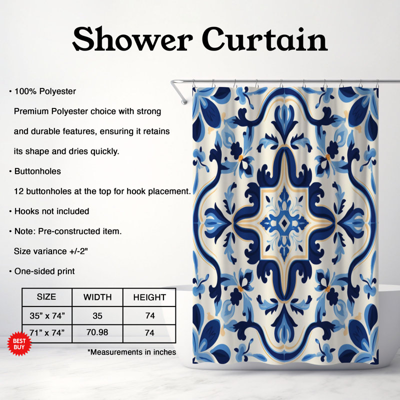 Azelejos Patterns - 1 Piece Standard Shower Curtain, 74"H x 71"W