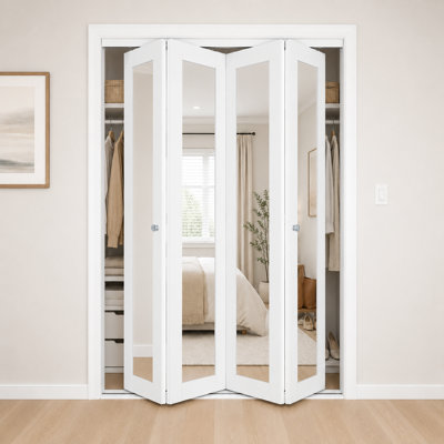 Flexible Sliding Folding Closet Door, White 4-Panel Mirrored Bifold Door with Full Fold-Back Opening Design and Dual Track System