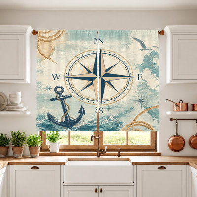 2Pcs Nautical Compass Anchor curtains, light filtering fabric, vintage distressed wood background, marine style print, sunshade and privacy protection, rod-pocket design, suitable for living room, bedroom, balcony, kitchen home deco