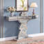 Console moderne de 101 cm (39,7 po) avec miroir et tiroir, table glamour à motif diamant pour entrée, table de couloir en verre argenté, table d'appoint étroite pour salon, piètement triangulaire empilé