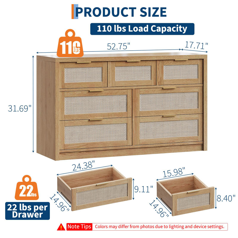 Rattan 7 Drawer Dresser for Bedroom, Wide Wood Chest of Drawers with Gold Handles Storage Organizer, Natural
