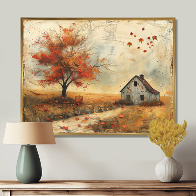 Maison de campagne grange rouge et blanche en automne - Décoration murale grange