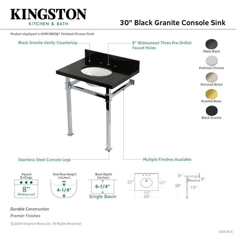 Évier de console en granit noir Kingston 30 pouces avec pieds en acier inoxydable Kingston (8 pouces, 3 trous) Kingston
