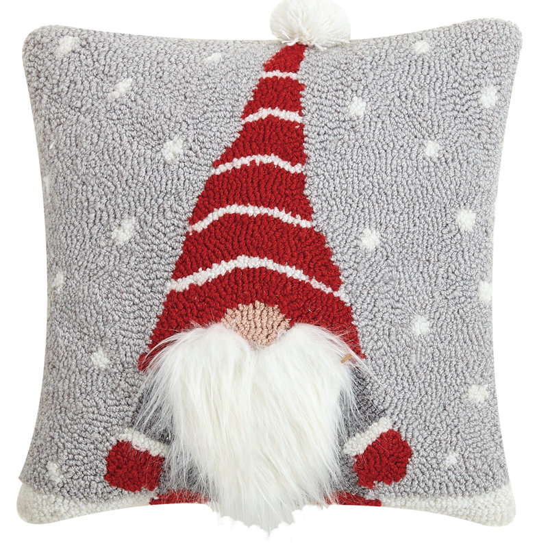 14" Square Gray and Red Polyester Embroidered Gnome Throw Pillow