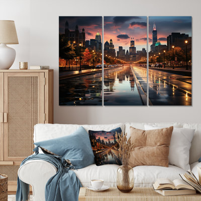 Chicago Cityscape By Night II - Chicago Metal Wall Art Set