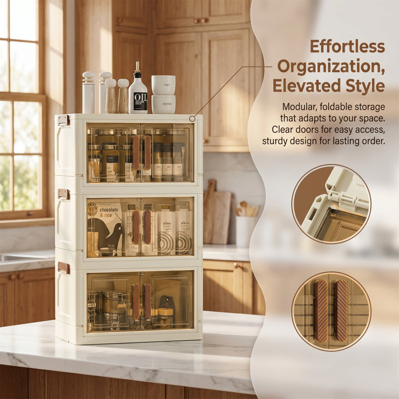 4-tier Storage Cabinets, Foldable and Stackable, Plastic, Beige + Brown, Beige/Brown