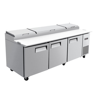 Réfrigérateur commercial de 239 cm de largeur (29,4 po) avec table de préparation de pizzas de 837 litres (29,6 pi³), planche à découper extra large de 48 cm (19 po) avec comptoir réfrigéré pour salades, vitrine réfrigérée en acier inoxydable Mega Top pour la préparation des aliments, comprend 12 bacs de 80 x 80 mm (1/3 po) avec couvercles.