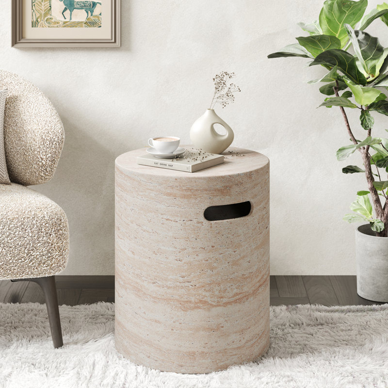 Table d'appoint en béton léger avec poignée, finition, structure de beauté naturelle et moderne, dimensions 15,5 po x 15,5 po x 18,5 po