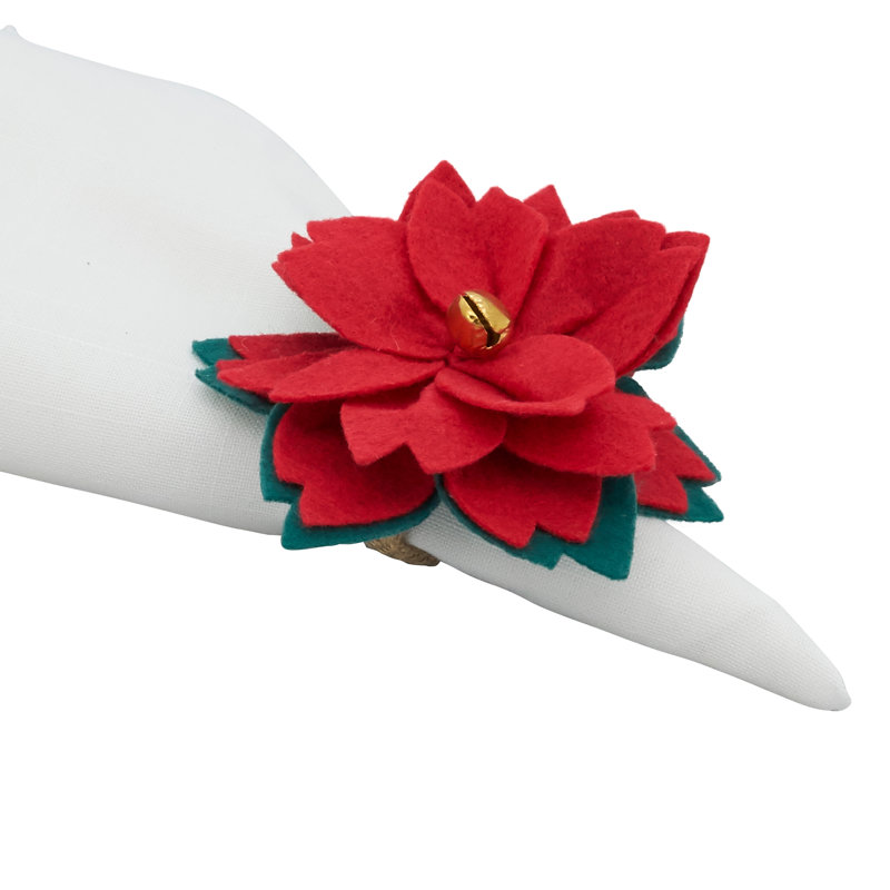 Festive Red Felt Poinsettia and Jute Napkin Rings Set