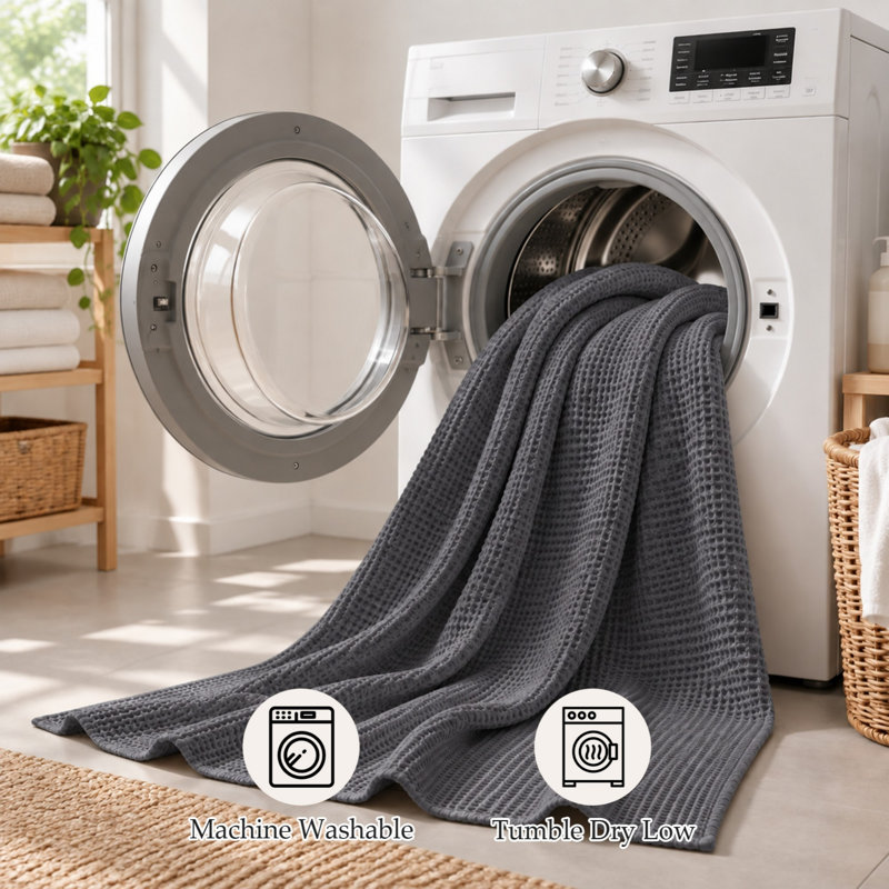 Couverture en coton tissé gaufré pour un confort en toute saison, Double/Grand, Gris foncé