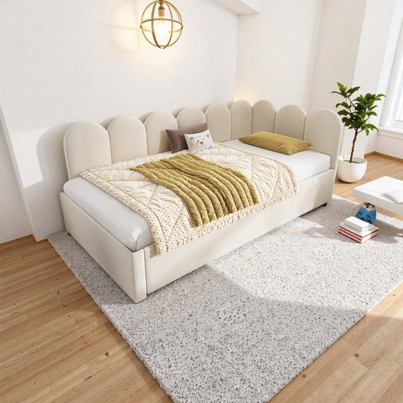 Twin Sleeper Sofa Daybed - Velvet Upholstered L-Shaped Design with Pull-Out Trundle Bed, Beige, Beige