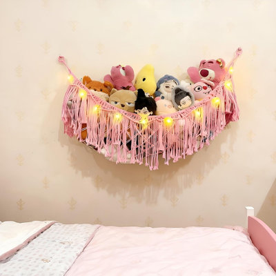 Extra Large Stuffed Animal Hammock with LED Lights, Handmade Macrame Plush Toy Storage Net, Wall-Mounted Organizer with Tassels and Hooks, Pink