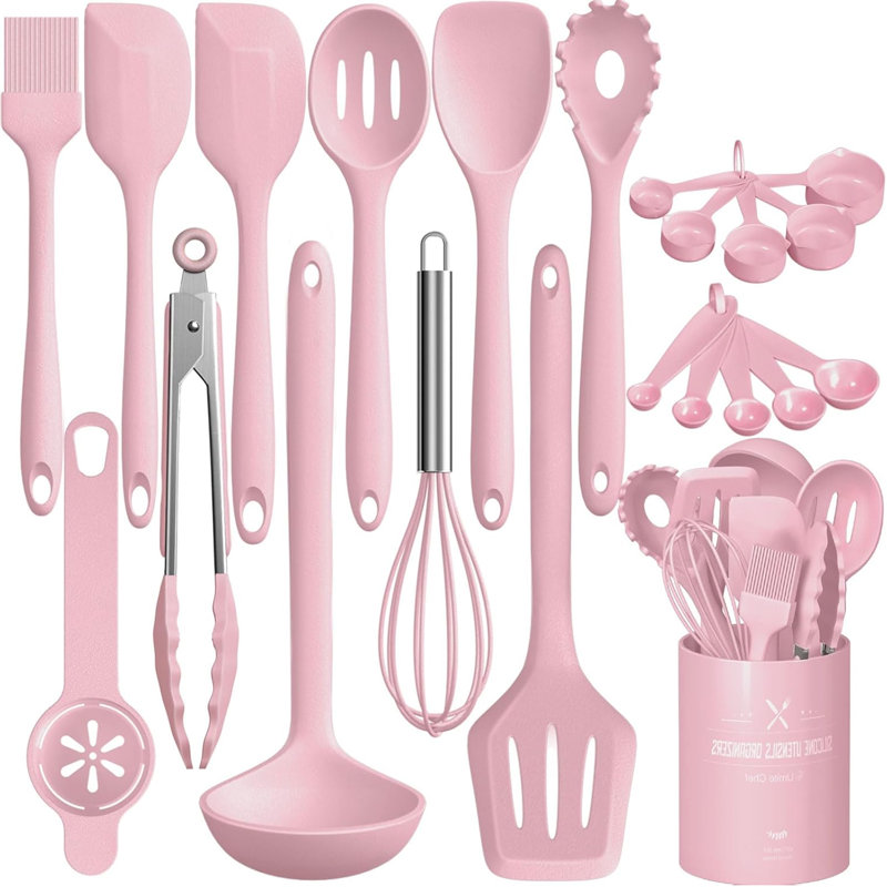 Ensemble 22 pièces d'ustensiles de cuisine en silicone, rose