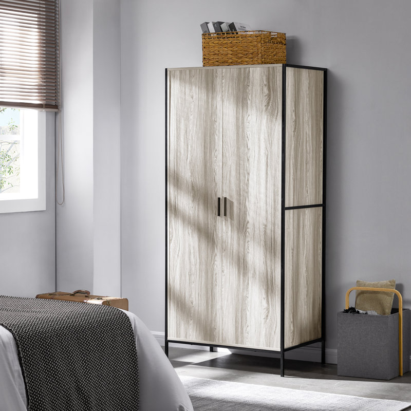 Oscar 2 Door Industrial Wardrobe With Storage Shelf, Hanging Rail and Solid Metal Frame, Grey